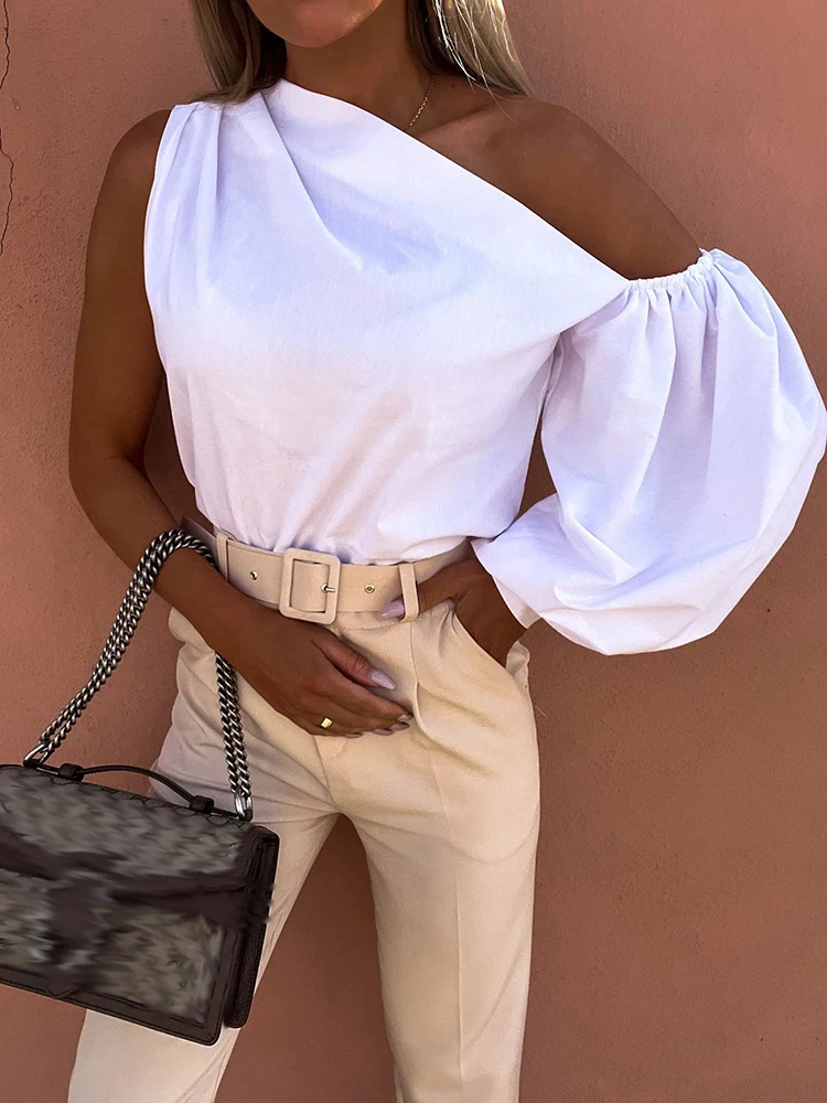 

Womens Fashion Diagonal Collar One-shoulder Pullover Summer Backless Solid Tops Long Sleeve Office Shirts Elegant Slim Blouses