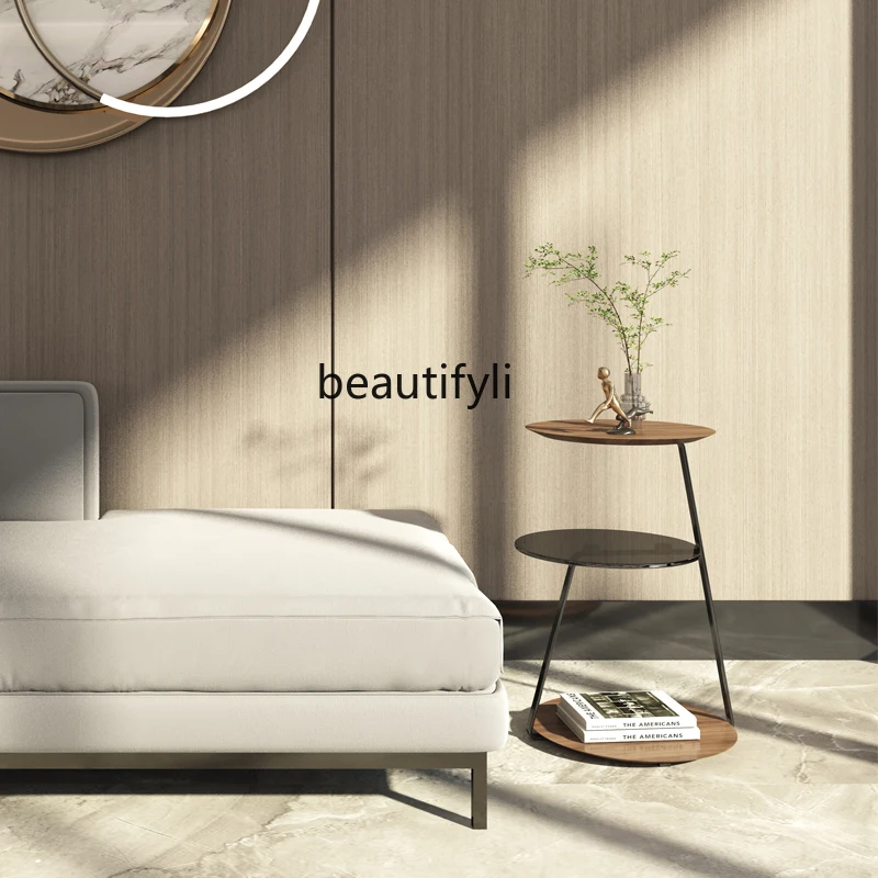 

zqLiving Room Small Table Nordic Sofa Iron Coffee Table Solid Wood Black Walnut Multi-Layer Round Table Side Cabinet