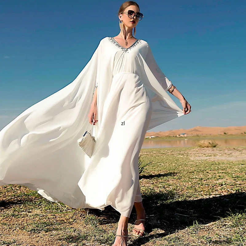 White Dubai Abayas for Women Ramadan Eid Muslim Evening Party Long Dress Plus Size Moroccan Luxury Caftan Robe Boubou Djellaba