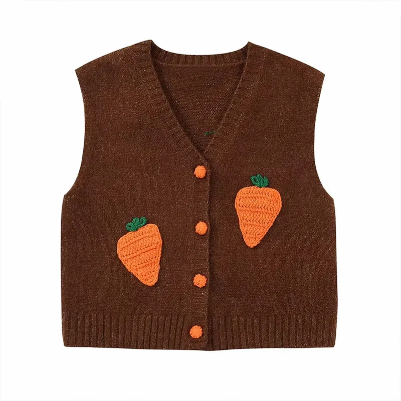 

ZATRHMBM 2023 New Fashion Carrot Pattern Knit Sweater Vest Vintag Sleeveless Button Up Casual Female Waistcoat Chic Tops