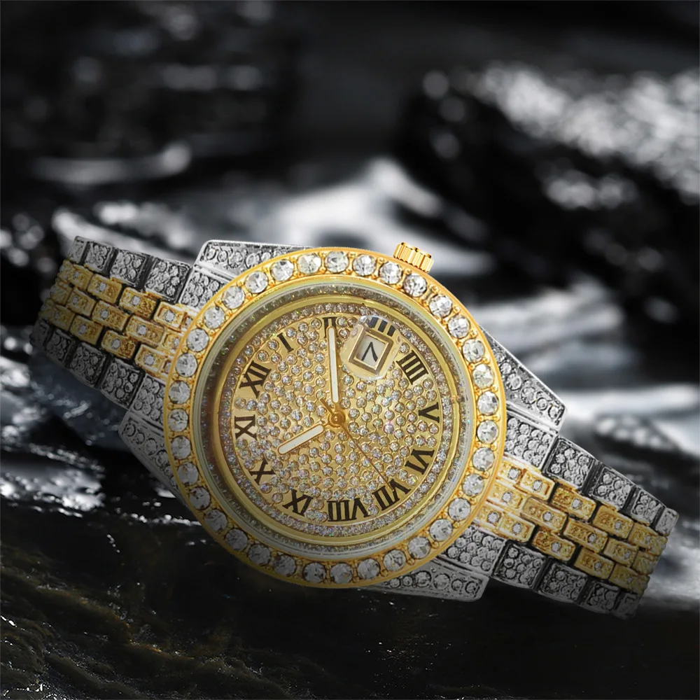 Full Iced Out Luxury Watch for Man Brand Diamond Womens Mens Watches Quartz Men's Watch Calendar Hip Hop Male Clock Gift for Men iced out watches men hip hop mens quartz watch man bling luxury diamond watch waterproof male clock full stainless steel relogio