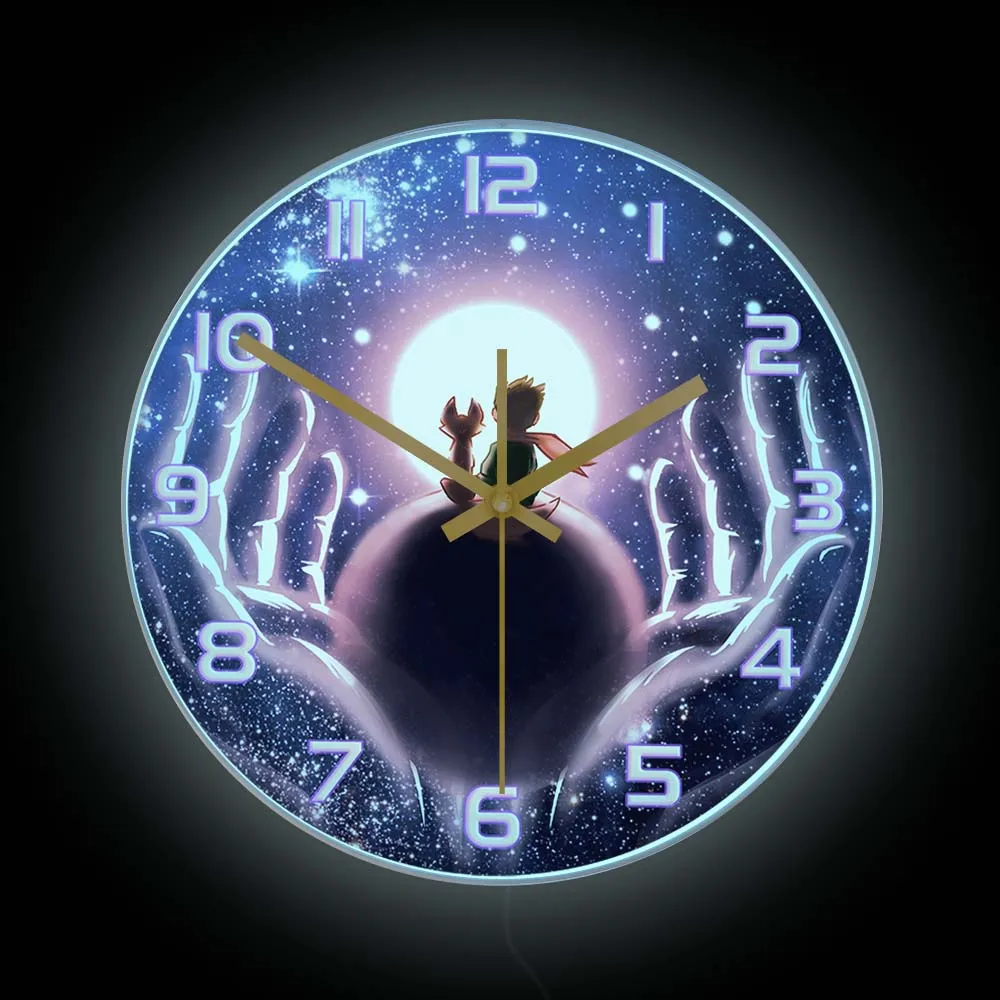 The Little Prince And Fox LED Wall Clock Bedside Night Lamp For Kids Room Moon Design Fairy Tale Home Decor Luminous Wall Clock