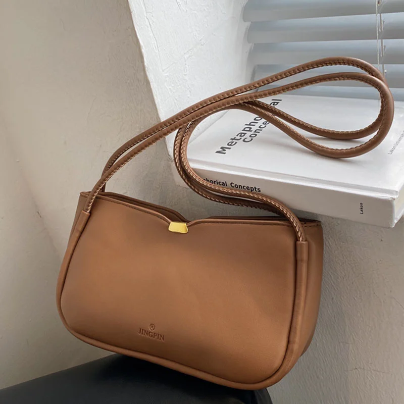 

Simple vintage French style shoulder bags baguette for women soft leather solid color armpit female handbags