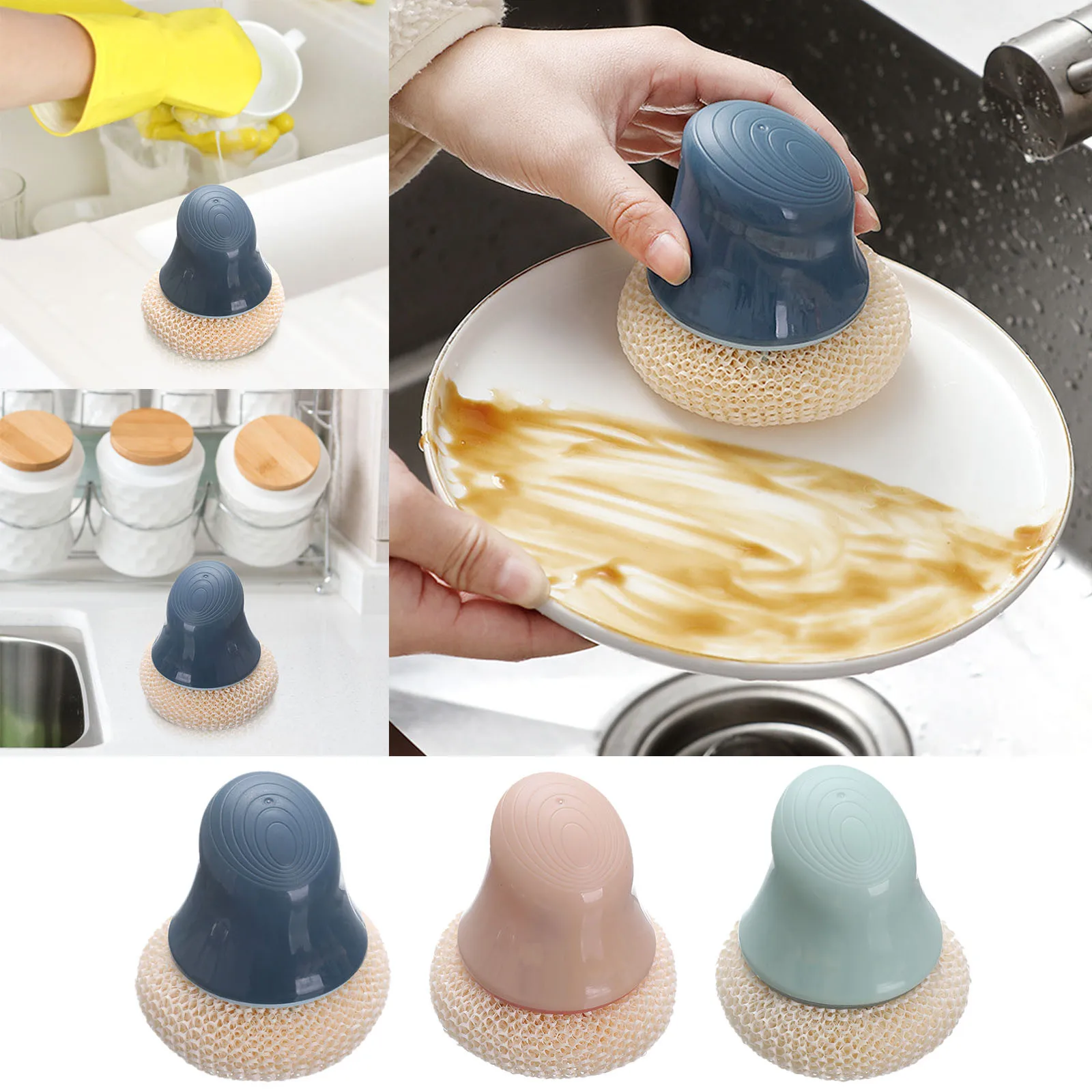 

Kitchen Dishwashing Sponge Cleaning Ball With Handle Multifunctional Scrub Sponge Counter Brush Foaming Bleach Bathroom Cleaner