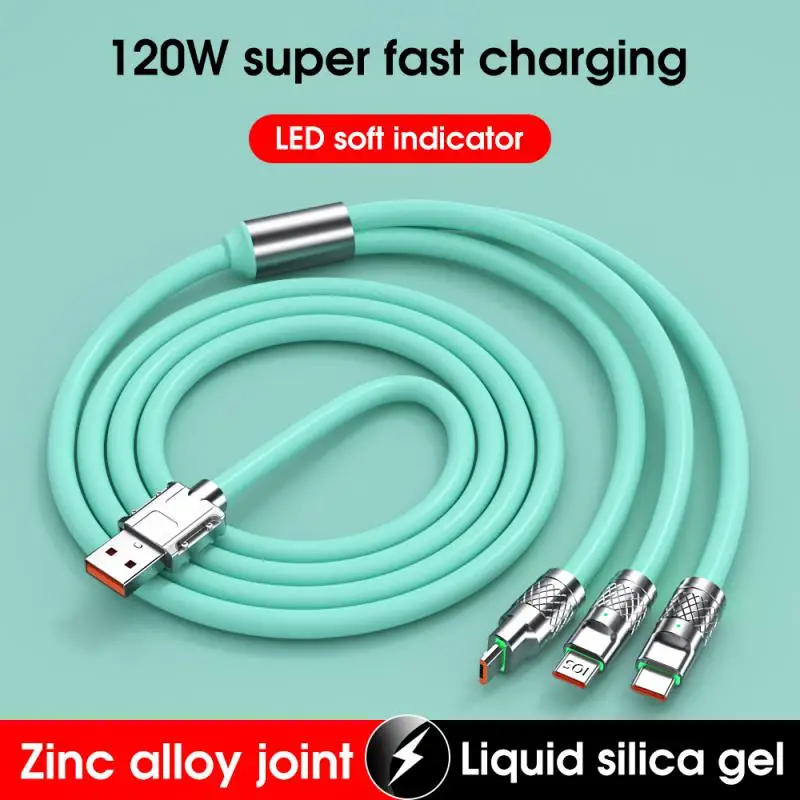 

6A 120W zinc alloy TPE Length 1.2 m Android Apple Huawei Super Fast Charge With Lamp 3-in-1 Data Cable USB Fast Charing Cord