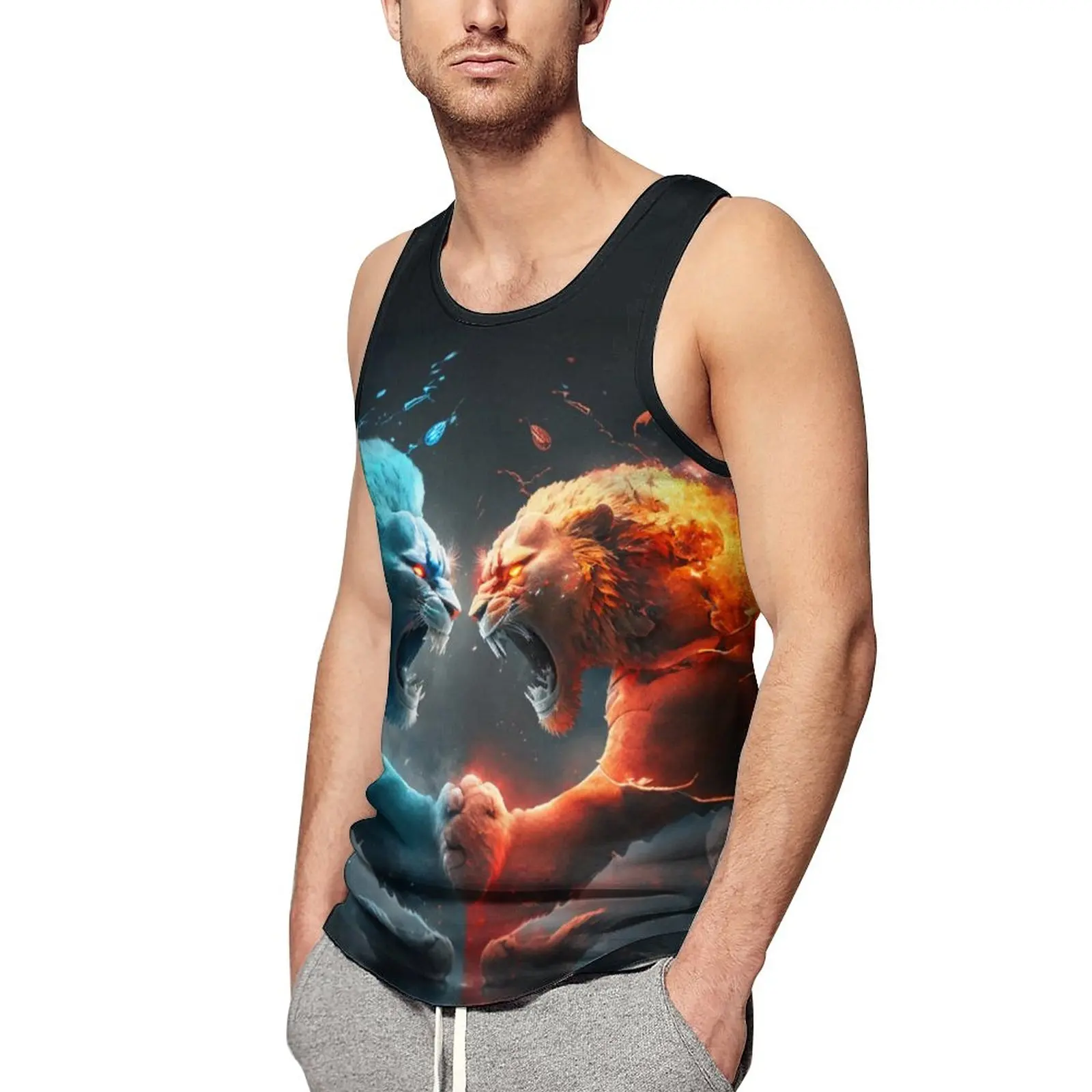 

Lion Tank Top Man Power Yin Yang Style Bodybuilding Oversize Tops Summer Fashion Design Sleeveless Vests