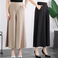 mom summer large size wide leg pants thin nine point pants middle aged elastic waist ice silk pants womens casual