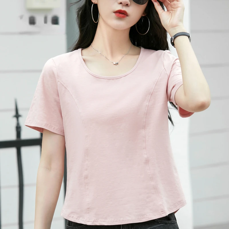 

2023 Summer Waist Short Sleeve T-shirt Casual Design Solid Fashion Women Shirt Slim Cotton Top Loose Clothes Elegant 26907