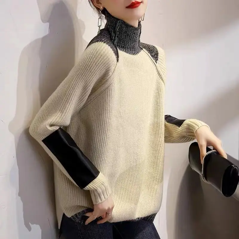 Винтажные вязаные джемперы с высоким воротником повседневная лоскутная одежда