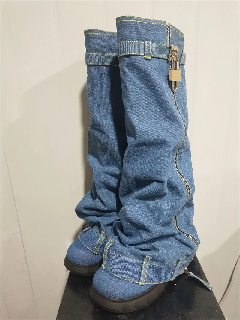 2023 Winter New Style Women's Knee-high Boots Round Toe Platform Wedges Denim Female Shoes Fashion Metal Decoration Boots Ladies