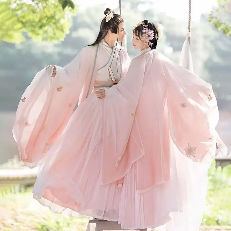 

Ancient Chinese Hanfu Sets For Couples Halloween Carnival Cosplay Costume Embroidery Gradient Pink Hanfu Dress For Men Women
