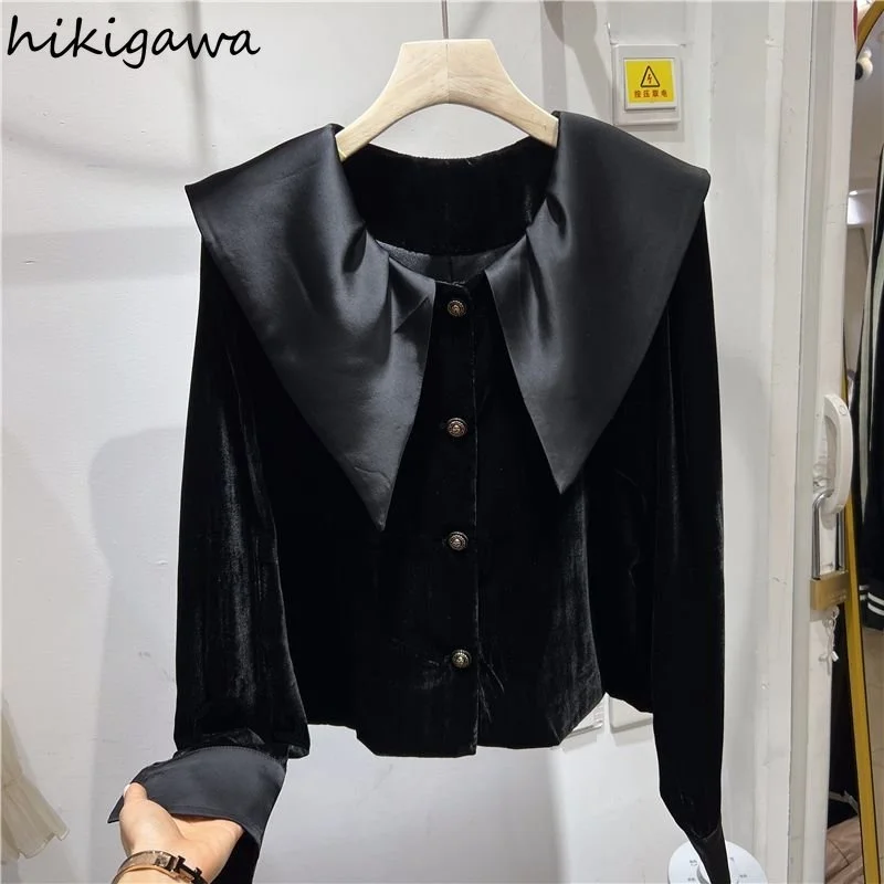 

Vintage Black Blouse Women Peter Pan Collar Velvet Shirt Long Sleeve Tunic Fashion Blouses Tops 2023 Blusas Mujer De Moda 27k198