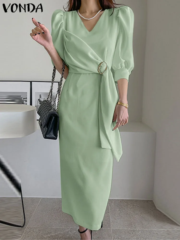

Women Solid Color Dress 2023 VONDA Sexy Half Sleeve V Neck Midi Dress Elegant Fashion Slim Waist Sundress Beach Vestidos Baggy