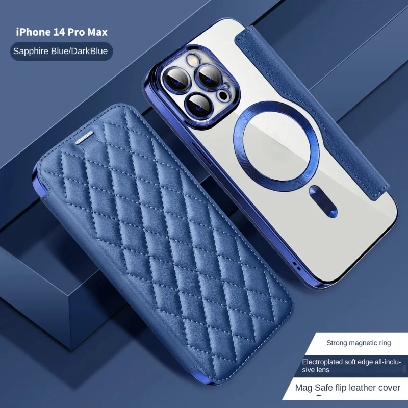 Фото Роскошный стеганый кожаный чехол-кошелек для iPhone 16 15 14 13 12 Pro Max Magsafe, магнитный откидной чехол, противоударный прозрачный чехол №1