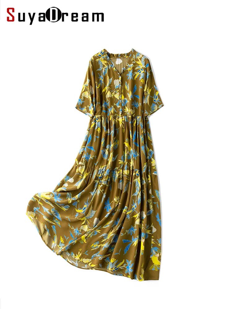

SuyaDream Women Floral Long Dresses 100%Silk Crepe A Line Ruffles V Neck Dress 2023 Spring Summer Holiday Clothes