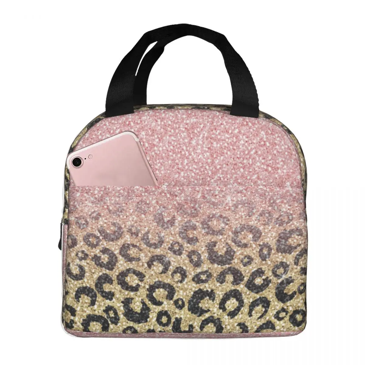 Rose Gold Glitter Black Leopard Lunch Bag Portable Insulated Oxford Cooler Bags Thermal Picnic Work Tote for Women Kids