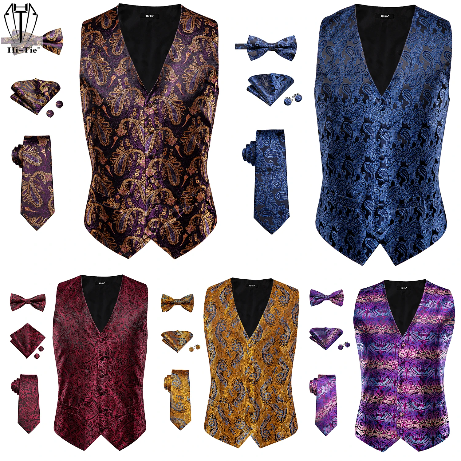 

Hi-Tie Silk Men Vest Necktie Bowtie Set Dress Suit Waistcoat Jacket Butterfly Tie Hanky Cufflinks Autumn Spring Wedding Business