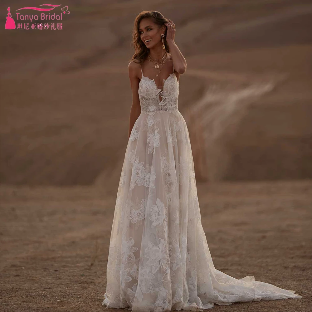 

Deep V-Neck Boho Wedding Dresses A Line Champagne lining Backless Bridal Gowns Romantic Fashion Vestide Do Noivas Chic ZW563