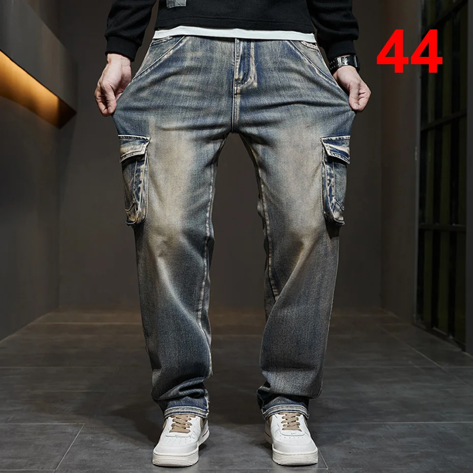 

42 44 Plus Men Denim Baggy Jeans Vintage Cargo Pants Loose Fashion Causal Trousers Male Big Size Bottoms