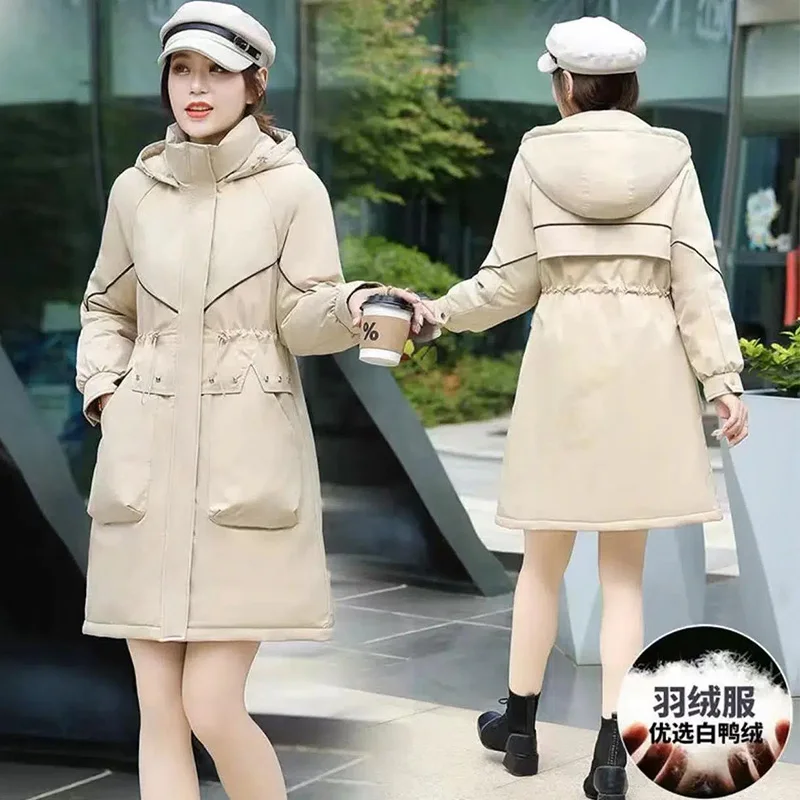 High-End Parker Down Jacket Women Winter 2022 New 90 White Duck Down Medium Length Hooded Waist Matching Thick Warm Coats Female