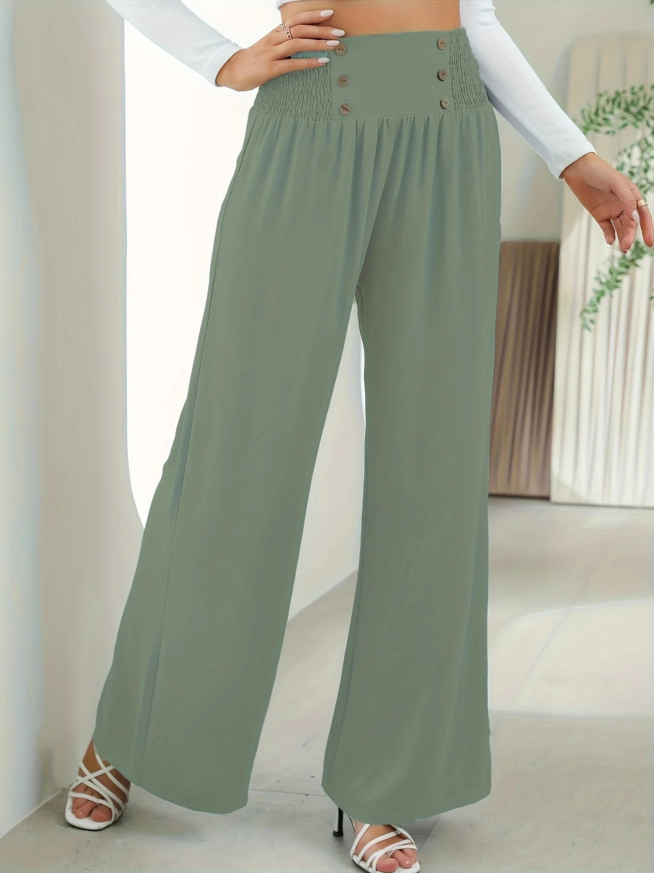 Женские повседневные брюки однотонные широкие с высокой талией и пуговицами