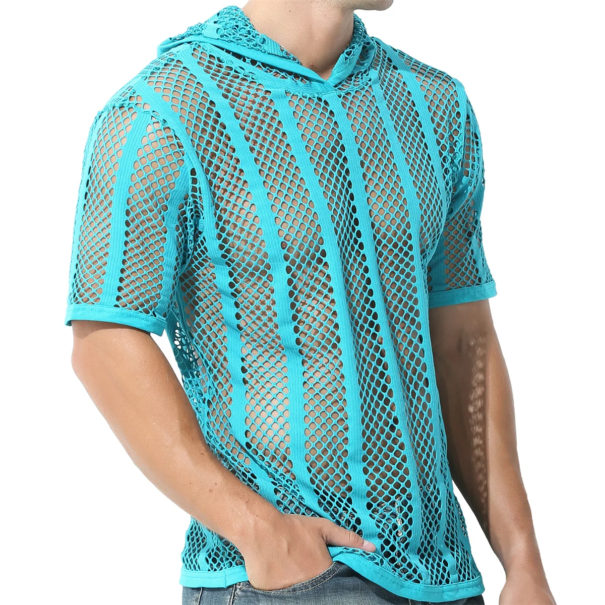 

Футболка мужская сетчатая в полоску, пикантная уличная одежда с капюшоном, прозрачная рубашка с коротким рукавом, топ, Прозрачная сорочка в...