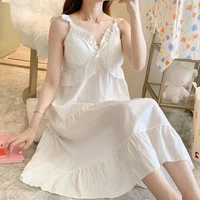 qweek cotton nightdress woman princess sleepwear cute nightgown kawaii sundresses nightie lace home clothes white fairy dress