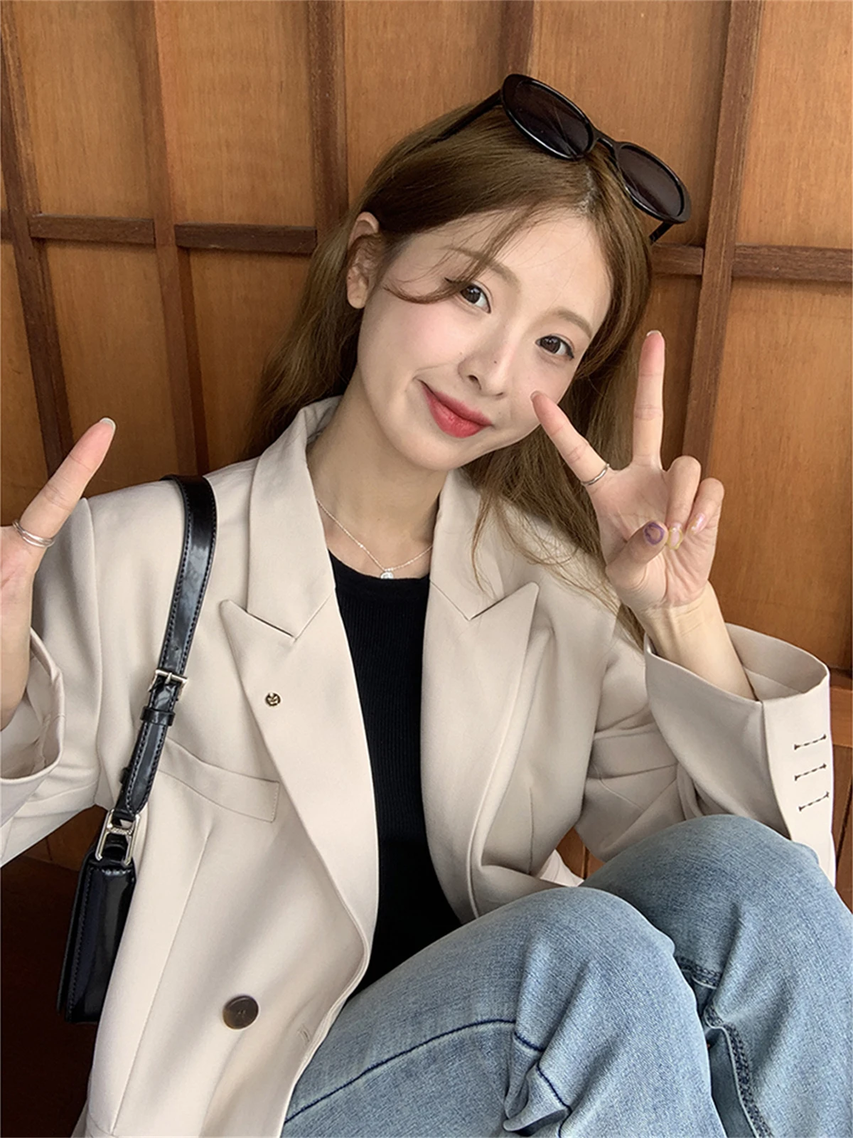 Double Breasted Shoulder Pad Suit Coat For Women's 2023 Spring New Long-Sleeved Korean Loose Temperament Top