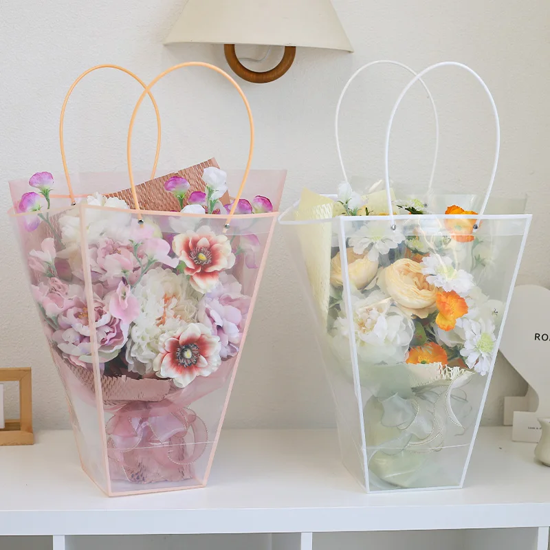 

10pcs Frame Trapezoidal Tote Bag Flowers Bouquet Packing Plastic Bag Transparency Waterproof Valentine's Day Party Gift Storage