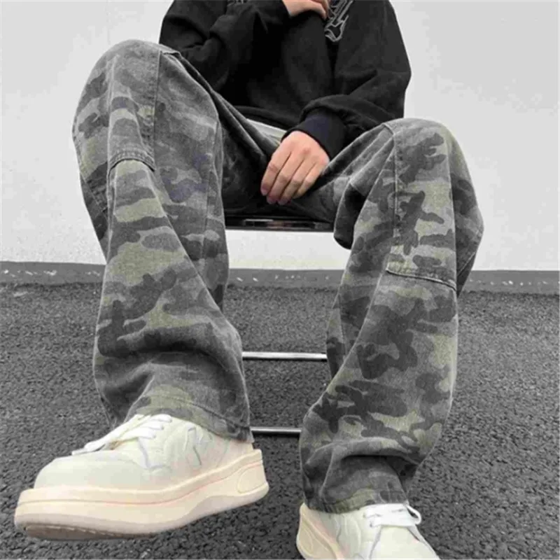 Джинсы-карго мужские камуфляжные прямые штаны свободные брюки с пуговицами и