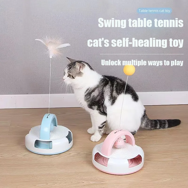 

Creative Cat Toy Gravity Table Tennis With Catnip Ball Multi-function Turntable Feather Teasing Cat Stick Tumbler Pet Supplies