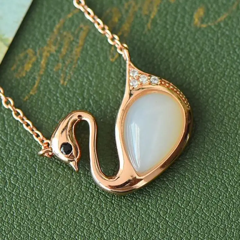 

Natural Jade White Swan Pendant Rose Gold Necklace Women Fine Jewelry Accessories Genuine Hetian Jades Nephrite Clavicle Chain