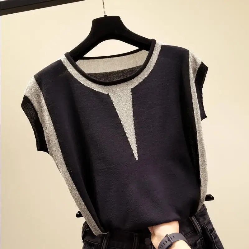 

Женская трикотажная футболка в стиле пэчворк, футболка контрастных цветов с коротким рукавом, модная женская одежда в Корейском стиле на ле...