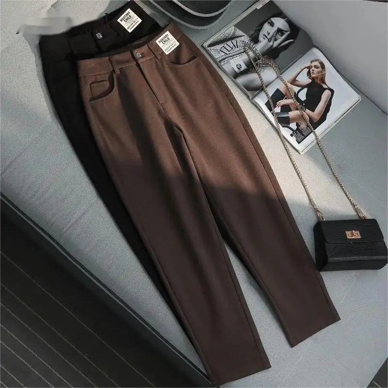 

Hot sale 2023 Autumn and Winter Brown Woolen Pants Women's Harem Trousers,Loose Straight Haroun Pants Thickened Casual Radish Pa