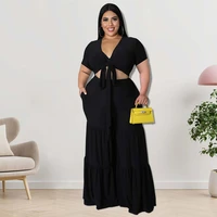 summer plus size two piece sets women fashion loose solid color casual v neck short sleeved t shirt and statement wide leg pants