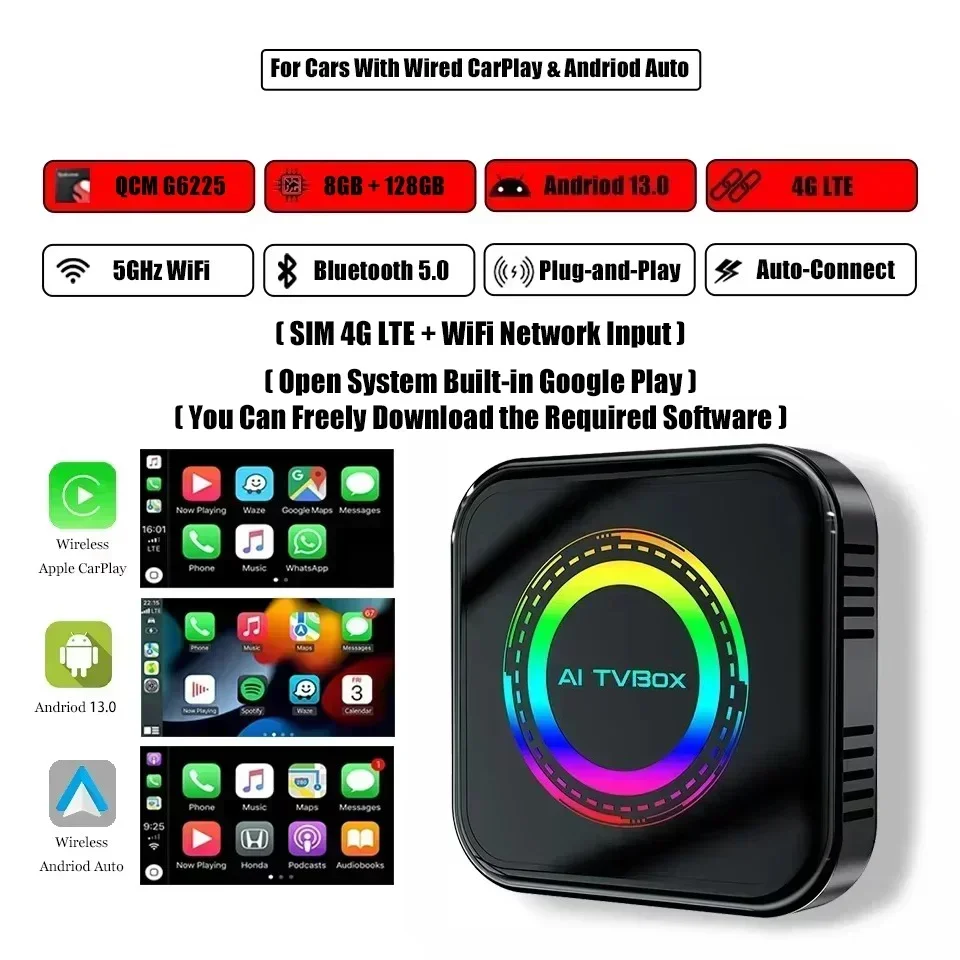

Новый Android 13 CarPlay Ai Box LED 8-ядерный 64G 128G Android Auto и Apple CarPlay 3в1 Автомобильный смарт-адаптер 5 ГГц Wi-Fi BT5.0 SIM 4G LTE