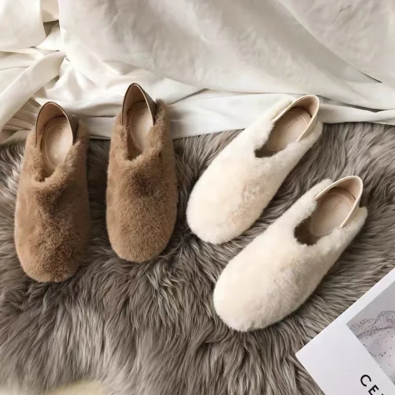 

Fur Mule Slippers Women Winter Home Shoes Slip on Furry Loafers with Butterfly Knot Fur Slides Female Lush Fluffy Moccasins 2022