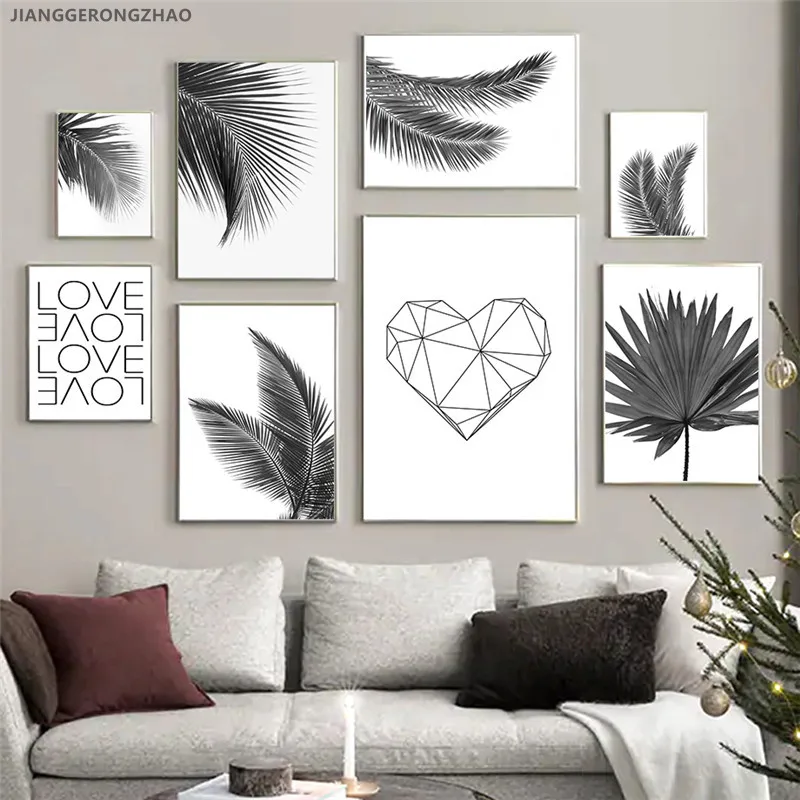 

Black And White Canvas Painting Palm Banana Leaf Plant Love Geometry Heart Wall Art Print Nordic Poster Living Room Home Decor