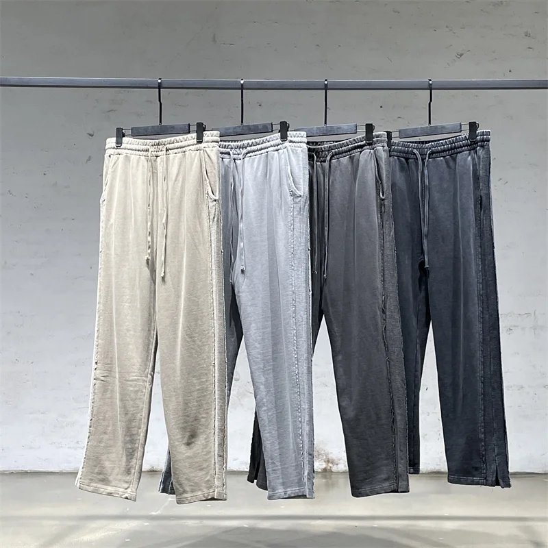 

New Design Men Winter Cotton Sweatpants Solid Loose Slit Leg Opening High Street Drawstring Trousers Pants