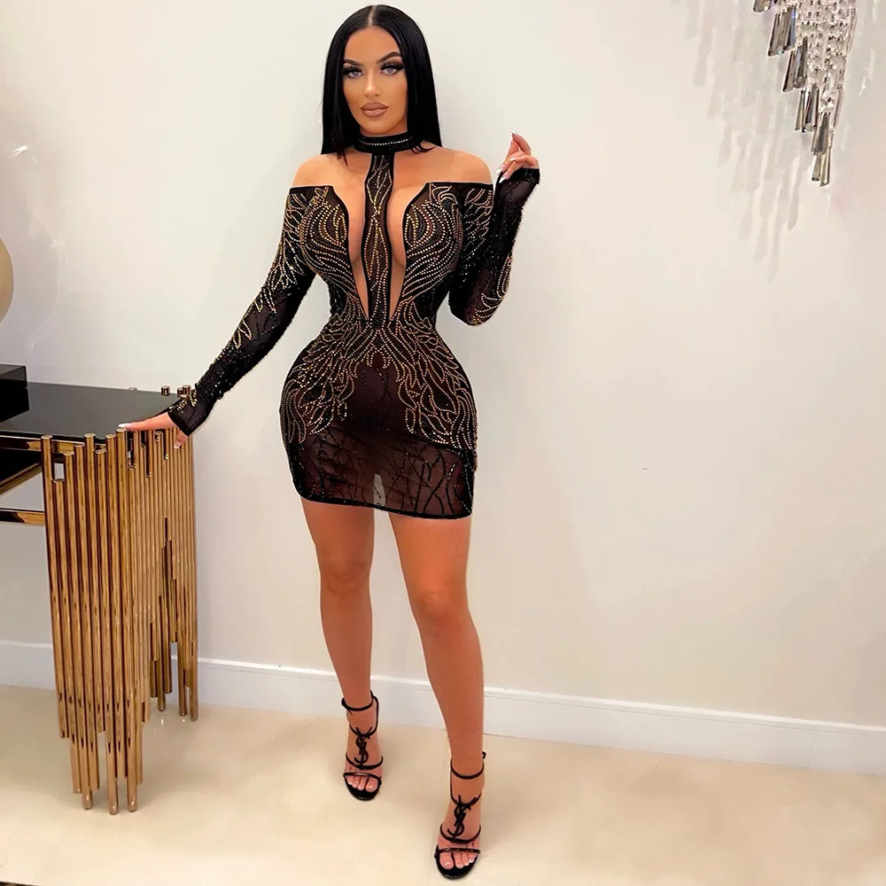 

Long Sleeve Backless Hollow Out Summer O Neck Squins Black Mini Dress Wrap Women Clothing Party Sexy Night Club Dress