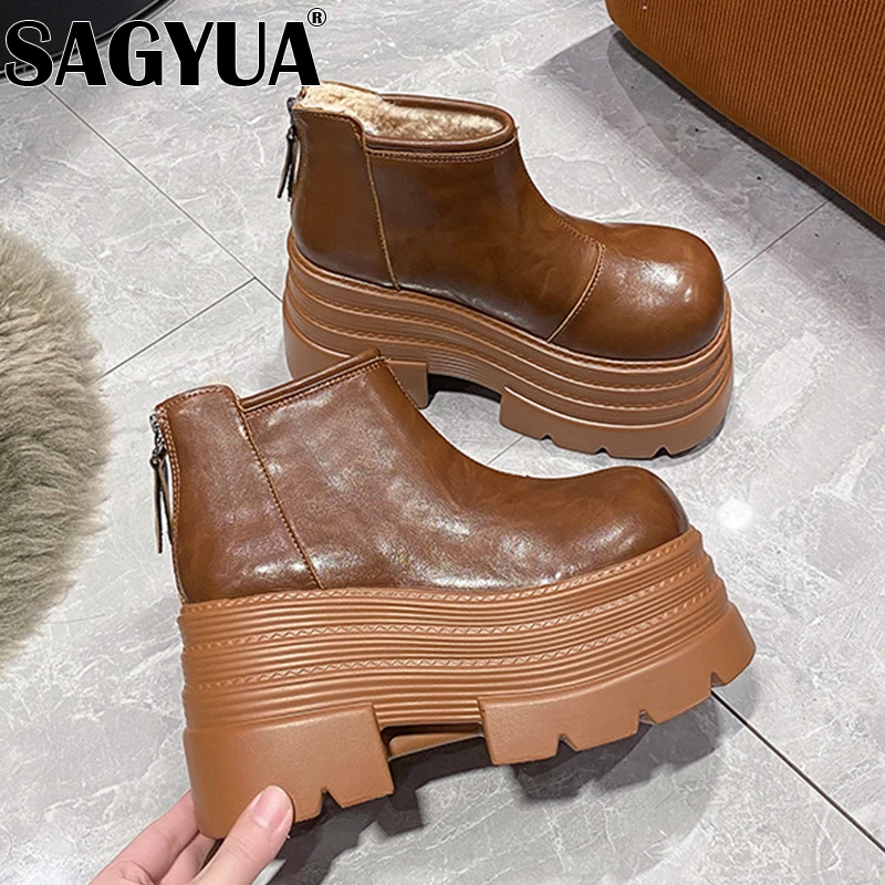 Женские зимние ботильоны на платформе кожаная обувь высоком каблуке новинка