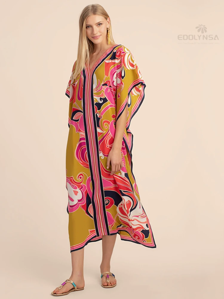 Длинный кафтан в богемном стиле накидки для бикини с принтом сексуальное