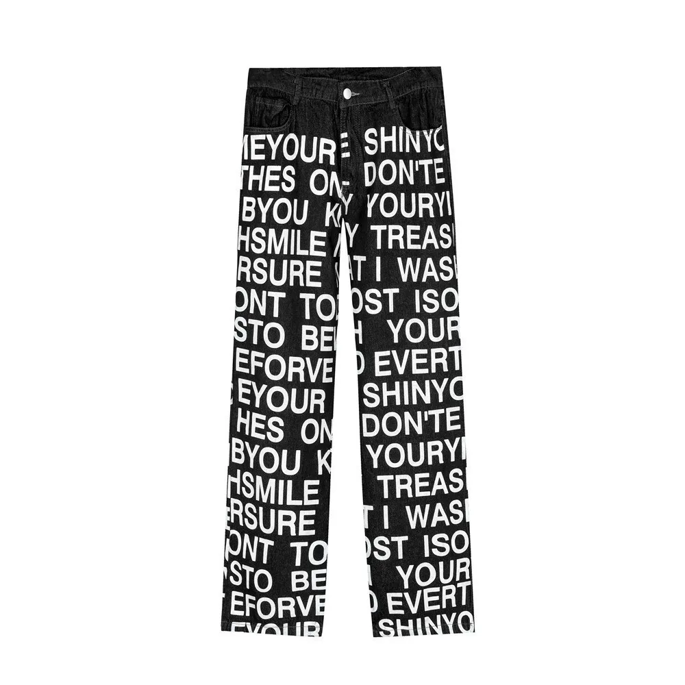 Street letters full of printed washed jeans men's ins American fashion brand loose straight trousers trend casual pants