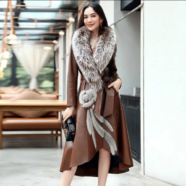 2022 autumn and winter new leather coat women's long over the knee Korean version slim plus size fox fur trench coat trendy