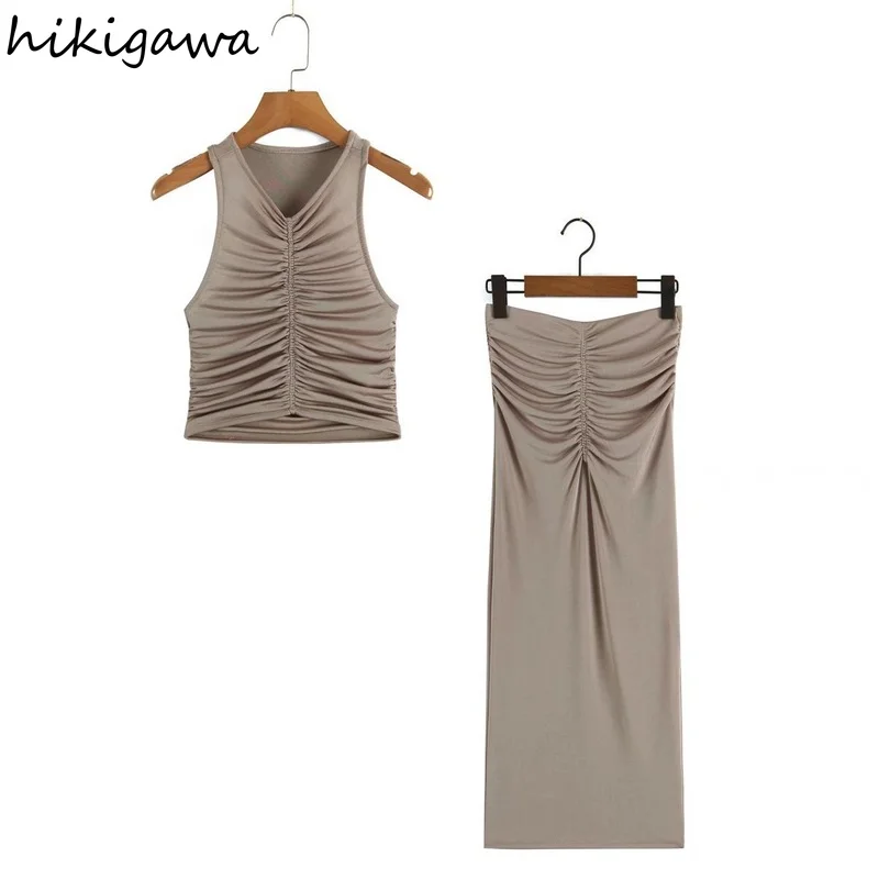 

Hikigawa женский модный жилет с V-образным вырезом без рукавов с рубашкой + плиссированная эластичная юбка с высокой талией комплект из двух пре...