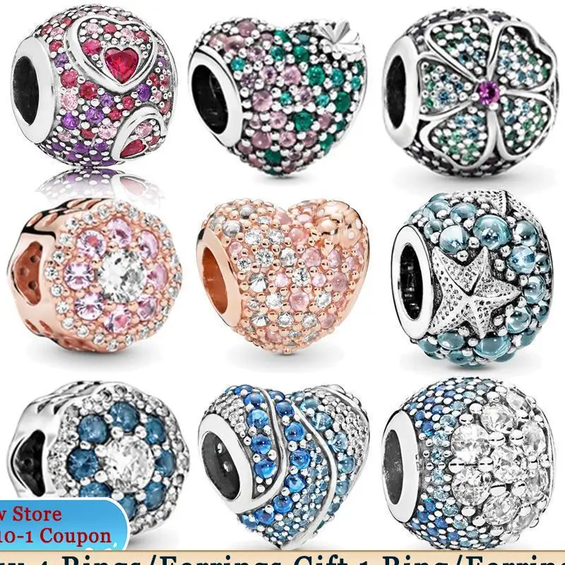 

Ahthen 925 Sterling Silver Beads 9 Multiple Color CZ Ocean Love Heart Beads Charms fit Original Pandora Bracelets DIY Jewelry