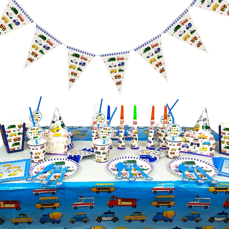 

Construction Trucks Engineering Cars Party Disposable Tableware Set Plate Straw Birthday Party Decorations Cake Decor