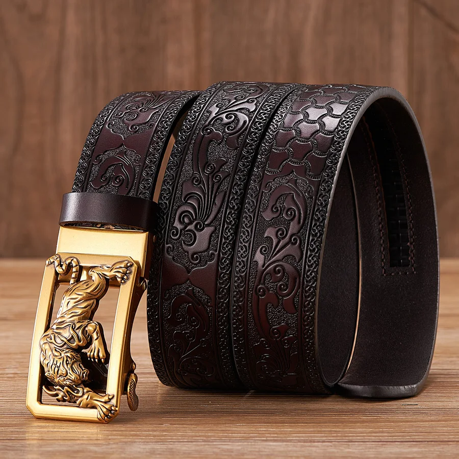 Fashion Tigger Buckle with Tang Grass Pattern Leather Belt for Men Work of Art Belt Automatic Buckle Business Belt