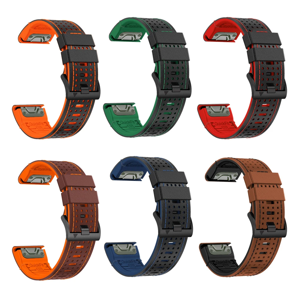 Ремешок из кожи и силикона для смарт-часов Garmin Fenix 8 7X 7Pro 47 мм 51 6X 6 Pro 5X 5