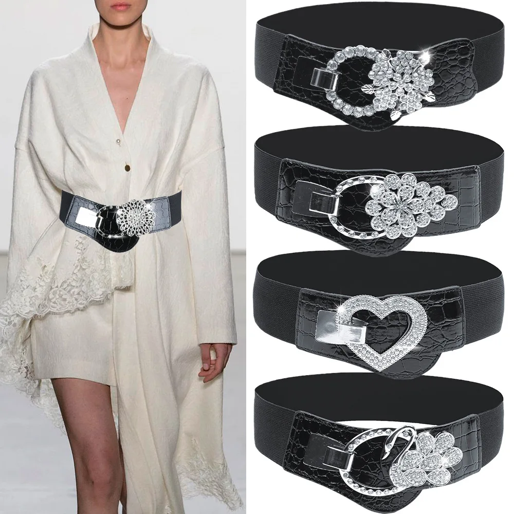 Diamond Embellishment With Skirt Coat Waist Closure Ornament Women Elastic Belts Bandage Leather  Stretchy Belt SCB0229